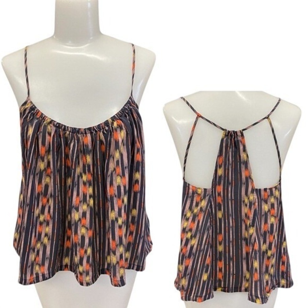 100% Silk Ecote Boho Ikat Print Festival Coastal Cami‎ Tank Top Babydoll Small
